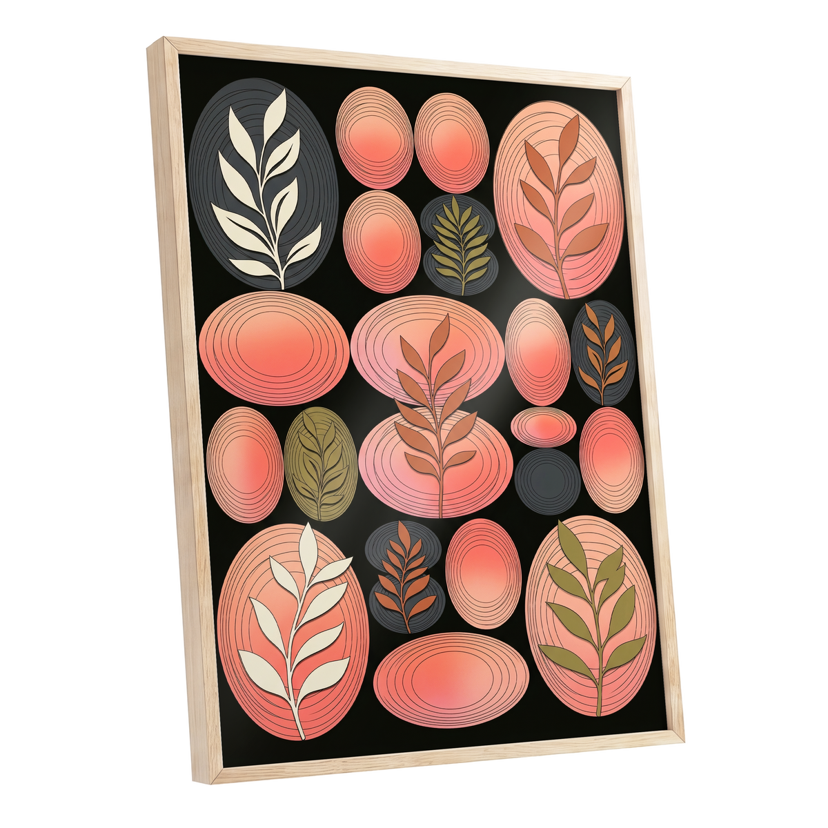 Retro Botanical Ovals, pink, black, brown nature wall art shown as a oak framed poster wall art print