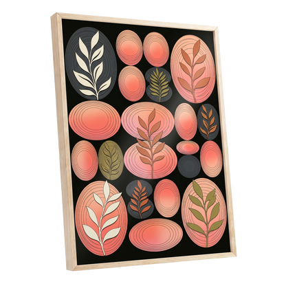 Retro Botanical Ovals, pink, black, brown nature wall art shown as a oak framed poster wall art print