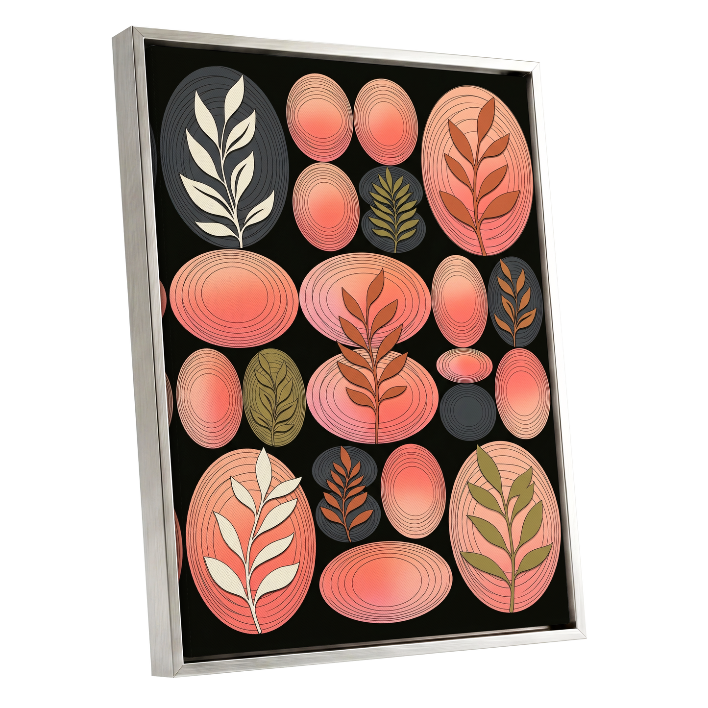 Retro Botanical Ovals, pink, black, brown nature wall art shown as a silver framed canvas wall art