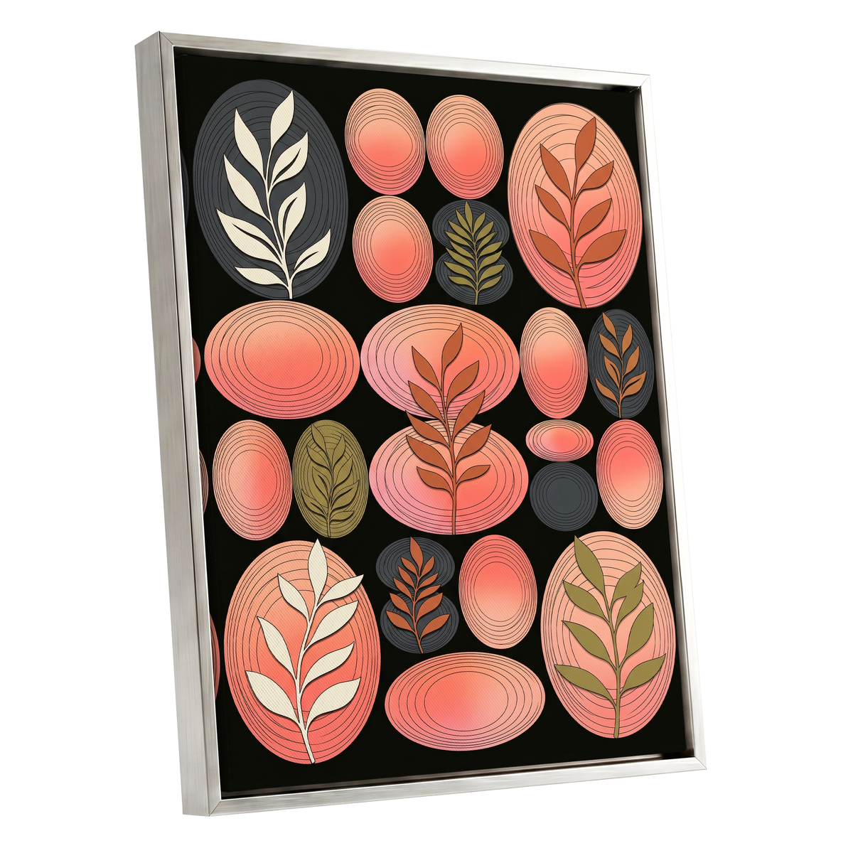 Retro Botanical Ovals, pink, black, brown nature wall art shown as a silver framed canvas wall art