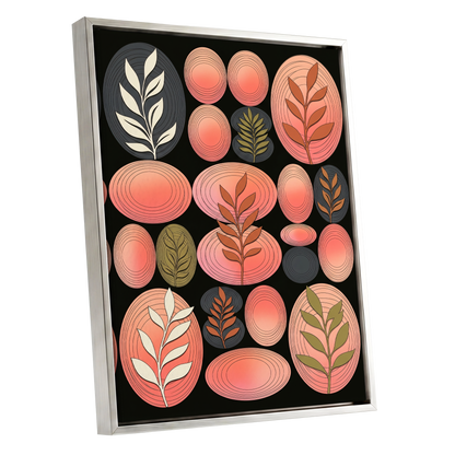 Retro Botanical Ovals, pink, black, brown nature wall art shown as a silver framed canvas wall art