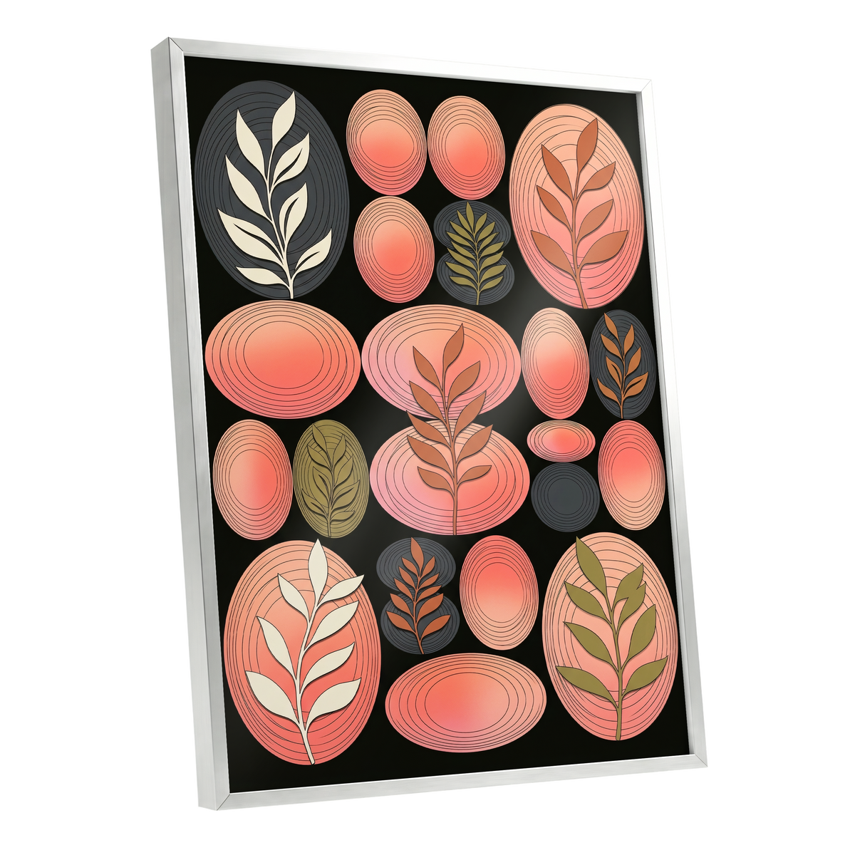 Retro Botanical Ovals, pink, black, brown nature wall art shown as a silver framed poster wall art print