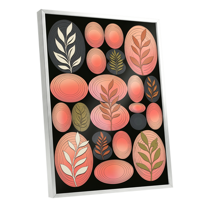Retro Botanical Ovals, pink, black, brown nature wall art shown as a silver framed poster wall art print