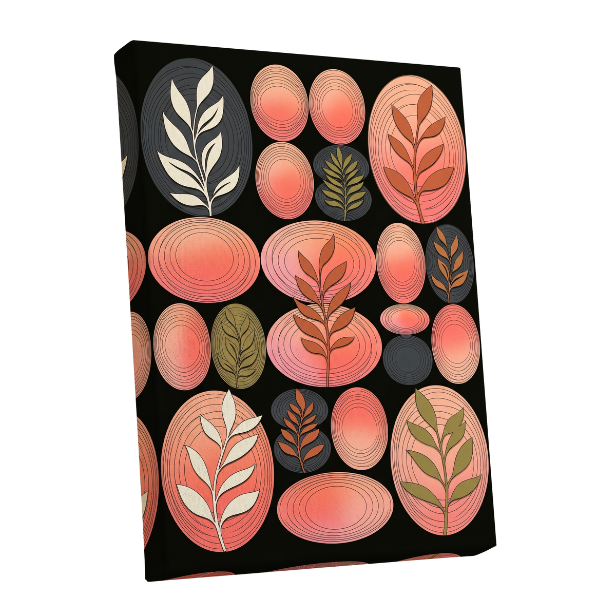 Retro Botanical Ovals, pink, black, brown nature wall art shown as a stretched canvas wall art