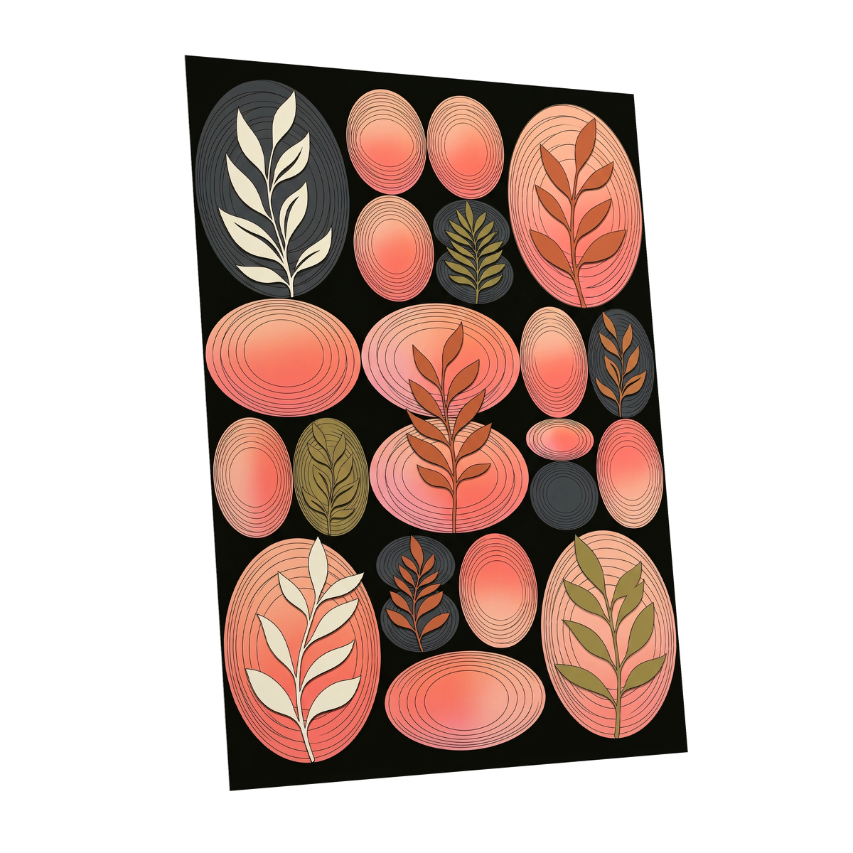Retro Botanical Ovals, pink, black, brown nature wall art shown as a unframed poster wall art print