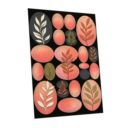 Retro Botanical Ovals, pink, black, brown nature wall art shown as a unframed poster wall art print