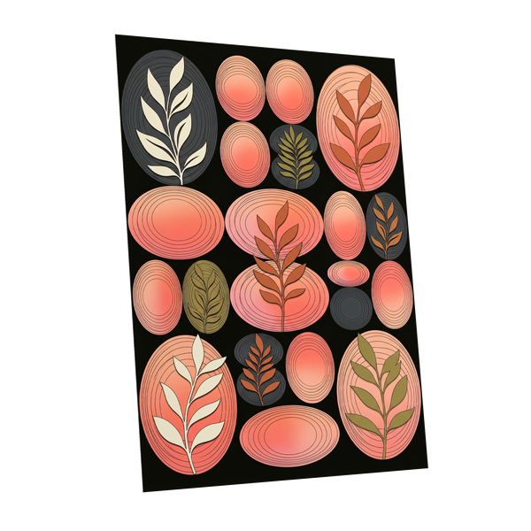 Retro Botanical Ovals, pink, black, brown nature wall art shown as a unframed poster wall art print