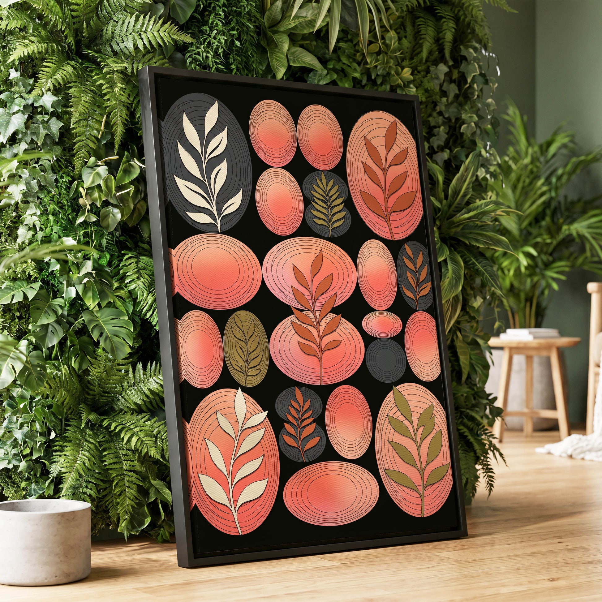 Retro Botanical Ovals, pink, black, brown nature wall art displayed in a styled interior, gallery view 1