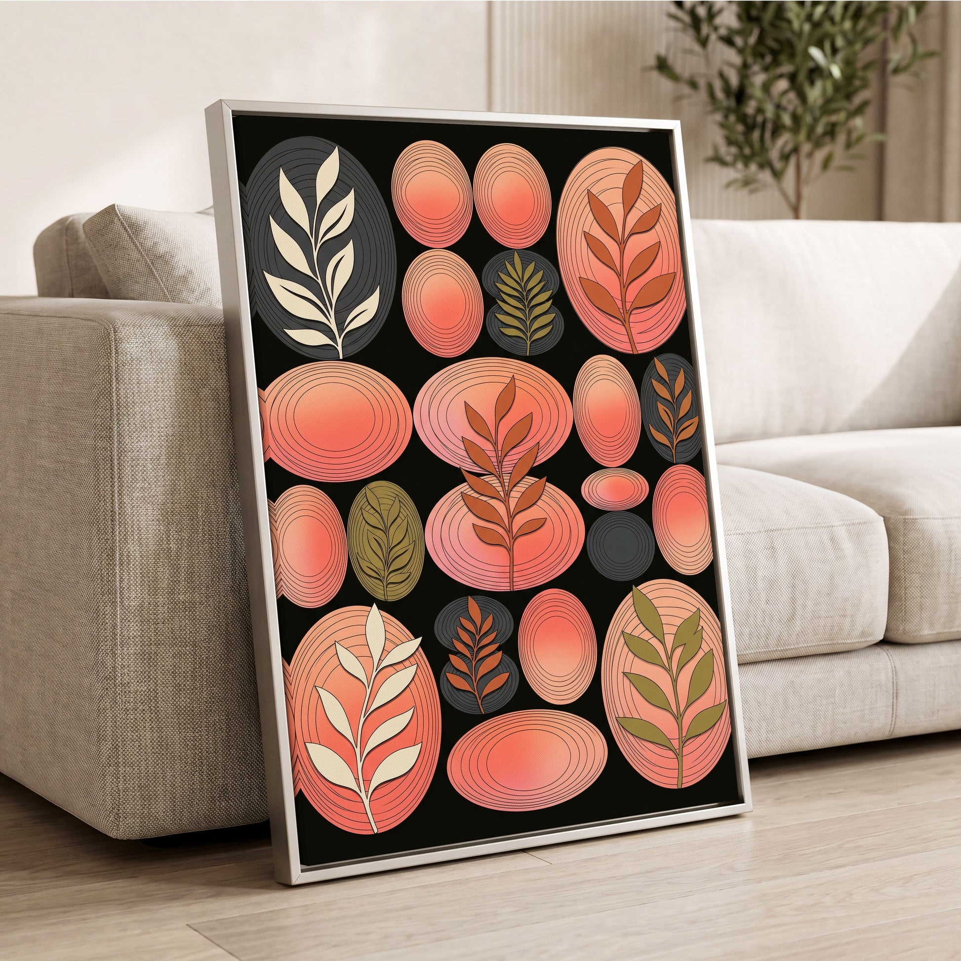 Retro Botanical Ovals, pink, black, brown nature wall art displayed in a styled interior, gallery view 2