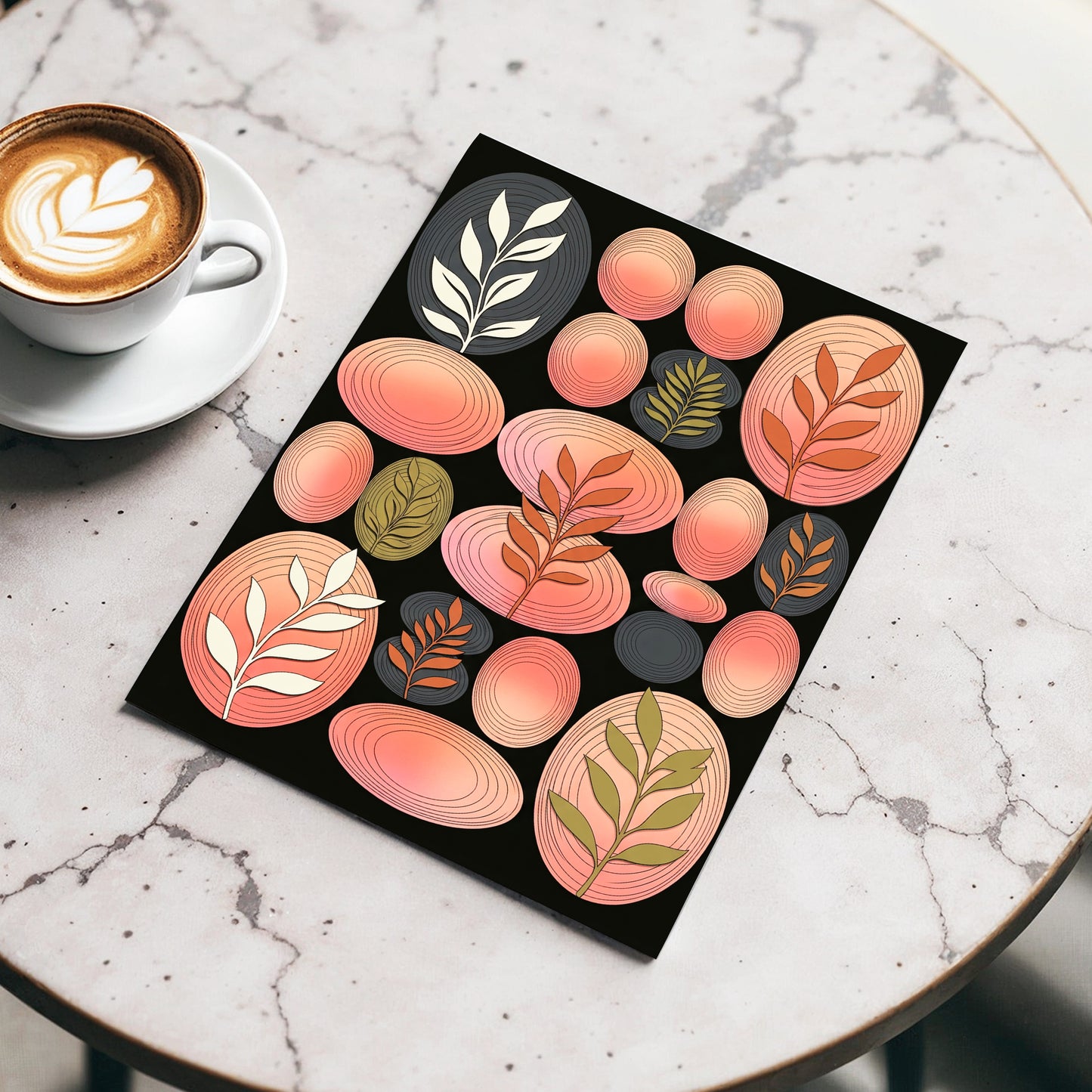 Retro Botanical Ovals, pink, black, brown nature wall art displayed in a styled interior, gallery view 3