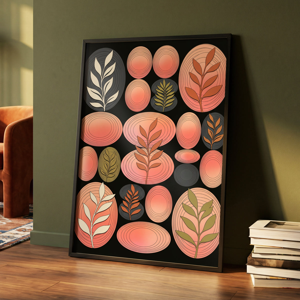 Retro Botanical Ovals, pink, black, brown nature wall art displayed in a styled interior, gallery view 4