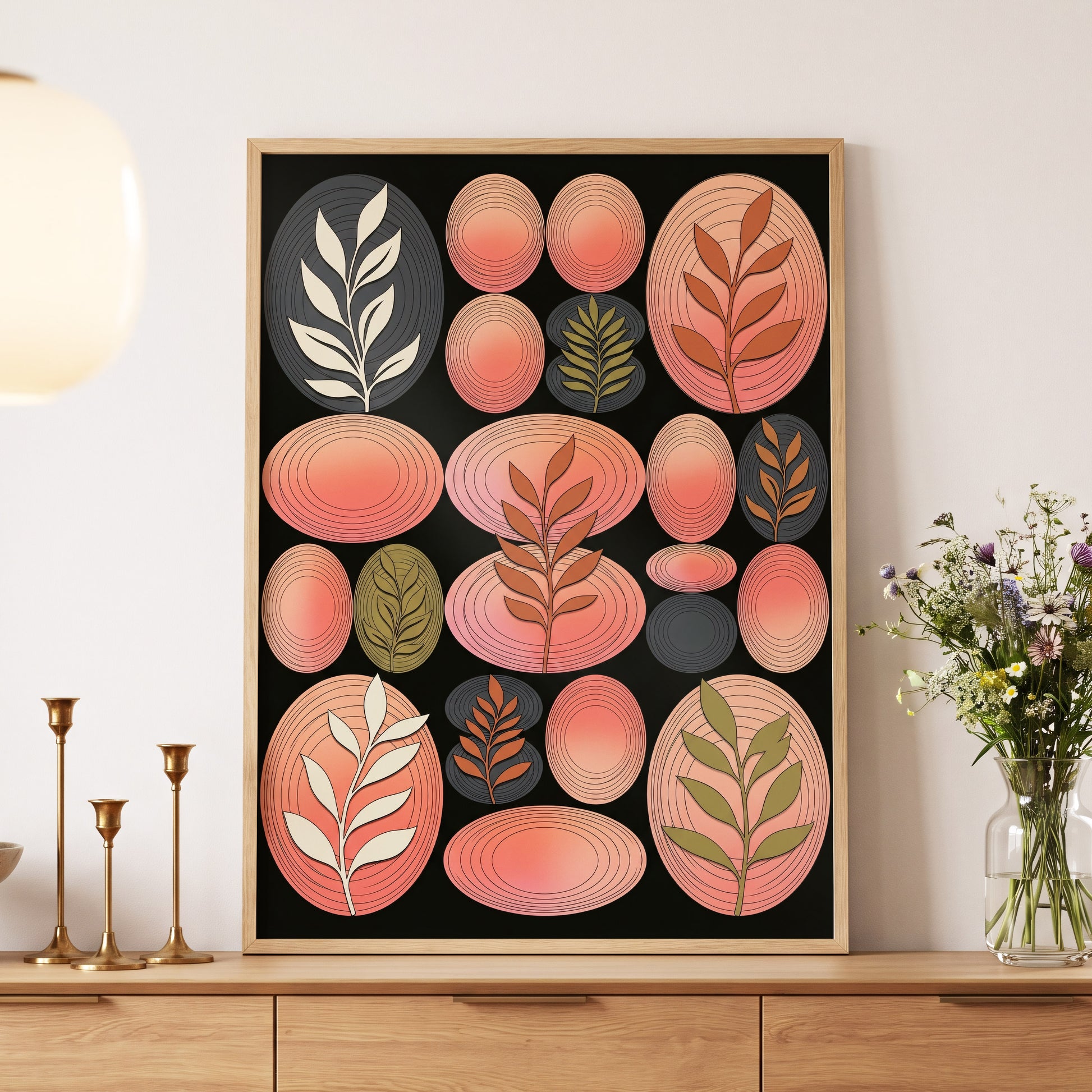 Retro Botanical Ovals, pink, black, brown nature wall art displayed in a styled interior, gallery view 5