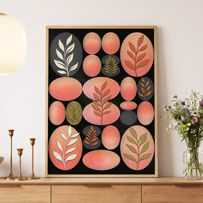 Retro Botanical Ovals, pink, black, brown nature wall art displayed in a styled interior, gallery view 5
