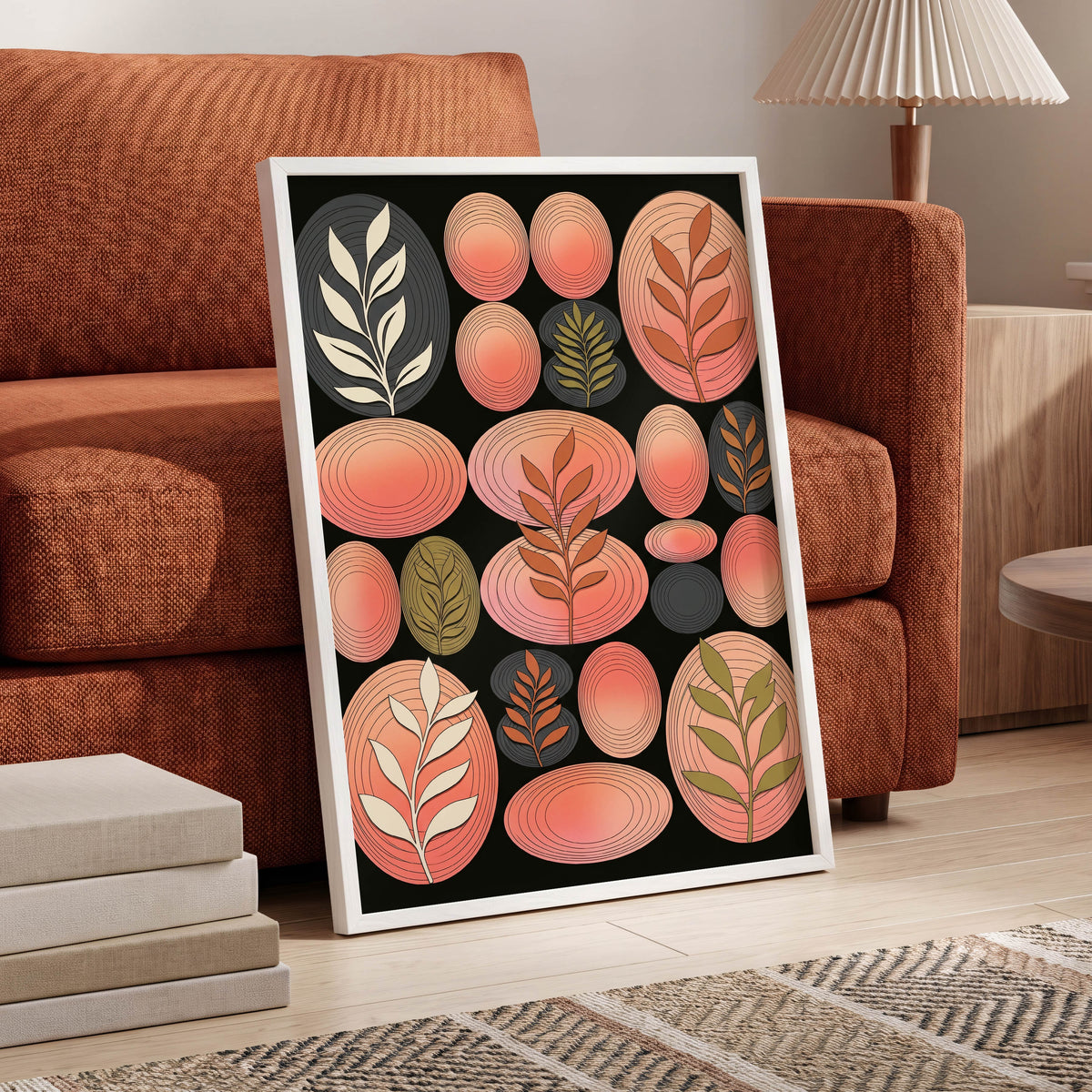Retro Botanical Ovals, pink, black, brown nature wall art displayed in a styled interior, gallery view 6