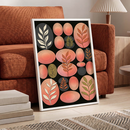 Retro Botanical Ovals, pink, black, brown nature wall art displayed in a styled interior, gallery view 6