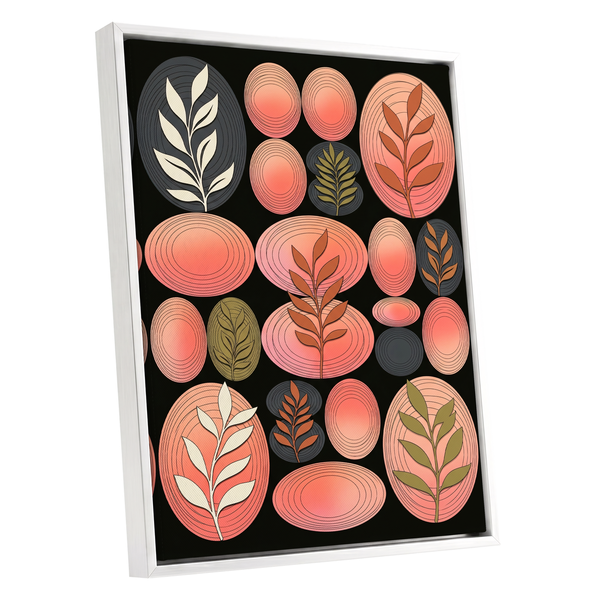 Retro Botanical Ovals, pink, black, brown nature wall art shown as a white framed canvas wall art
