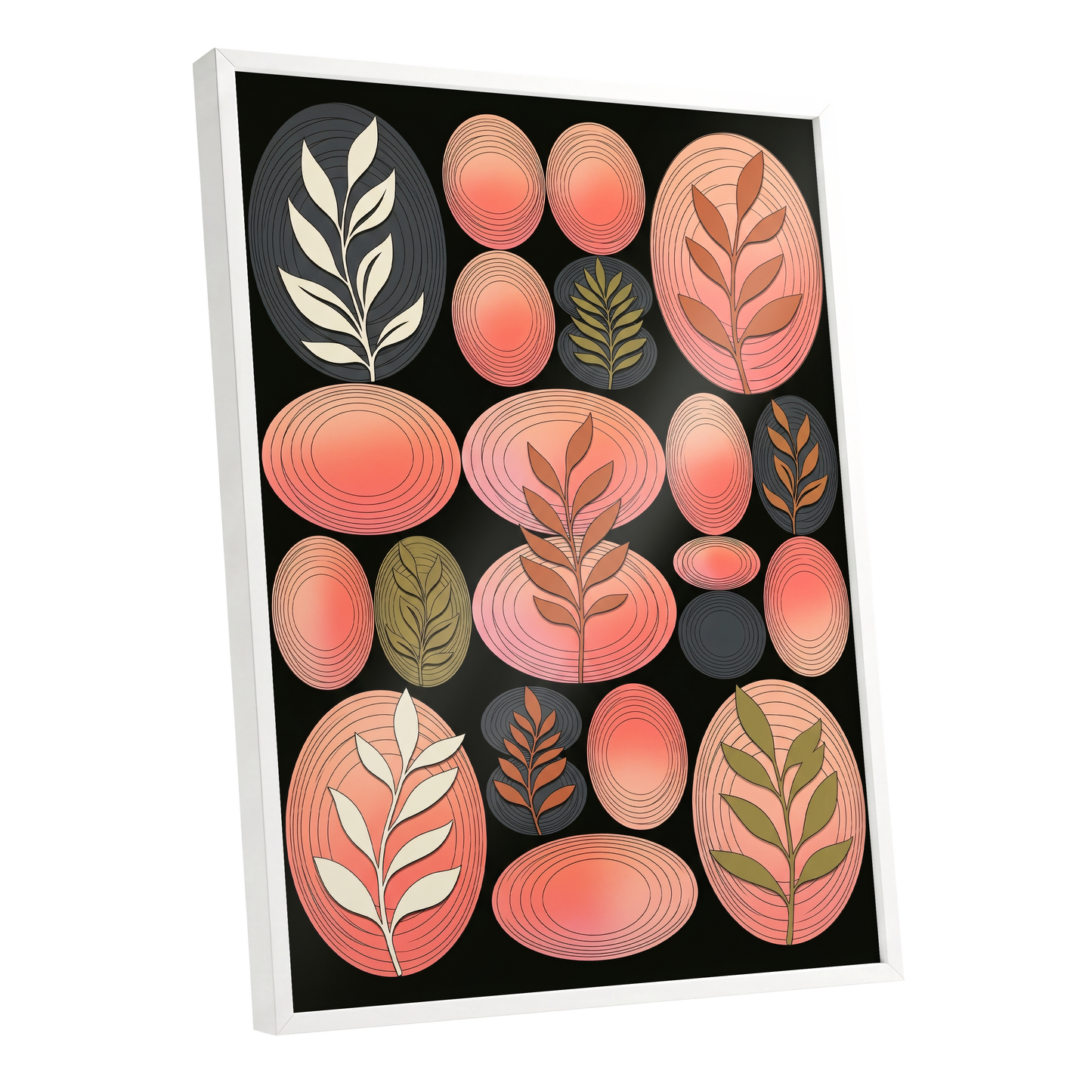 Retro Botanical Ovals, pink, black, brown nature wall art shown as a white framed poster wall art print