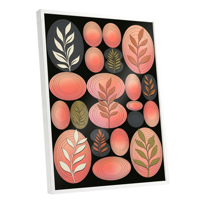 Retro Botanical Ovals, pink, black, brown nature wall art shown as a white framed poster wall art print