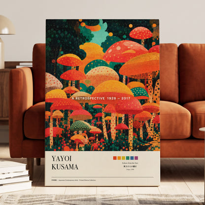 Retro Mushroom Grove, orange, red, green nature wall art on canvas displayed in a styled interior, gallery view 1