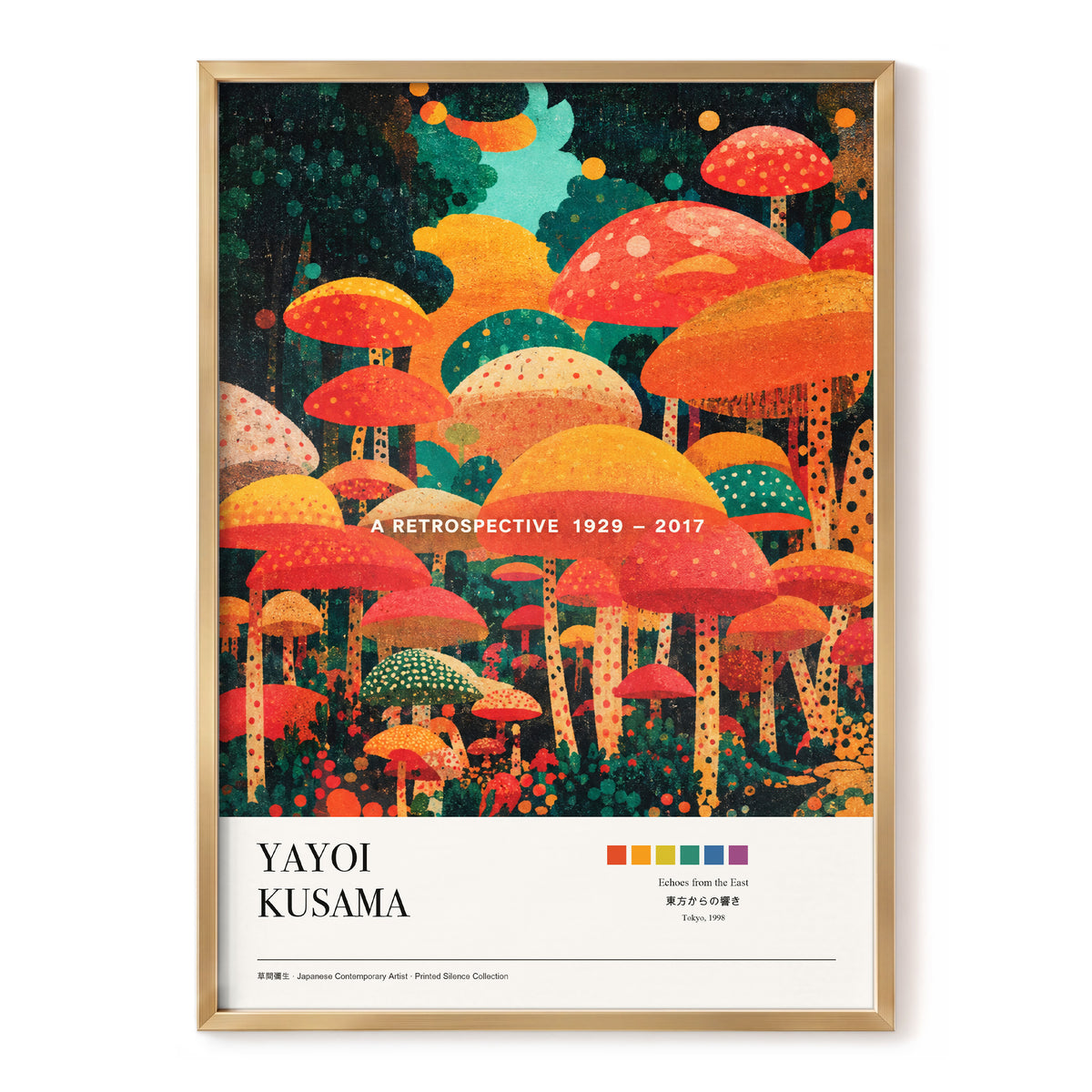 Retro Mushroom Grove, orange, red, green nature wall art, front artwork view