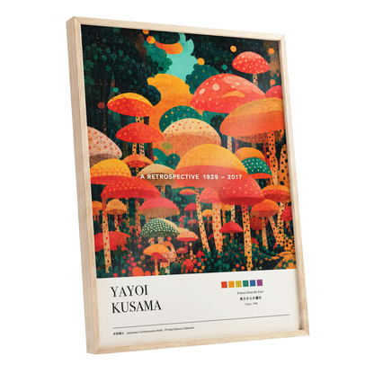 Retro Mushroom Grove, orange, red, green nature wall art shown as a oak framed poster wall art print