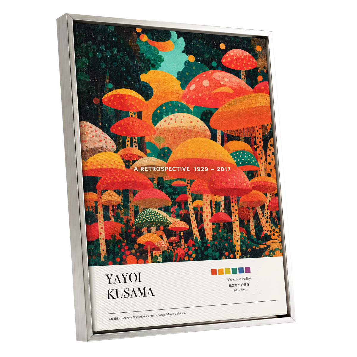 Retro Mushroom Grove, orange, red, green nature wall art shown as a silver framed canvas wall art