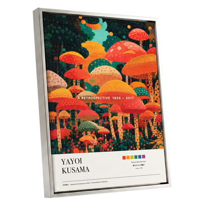 Retro Mushroom Grove, orange, red, green nature wall art shown as a silver framed canvas wall art
