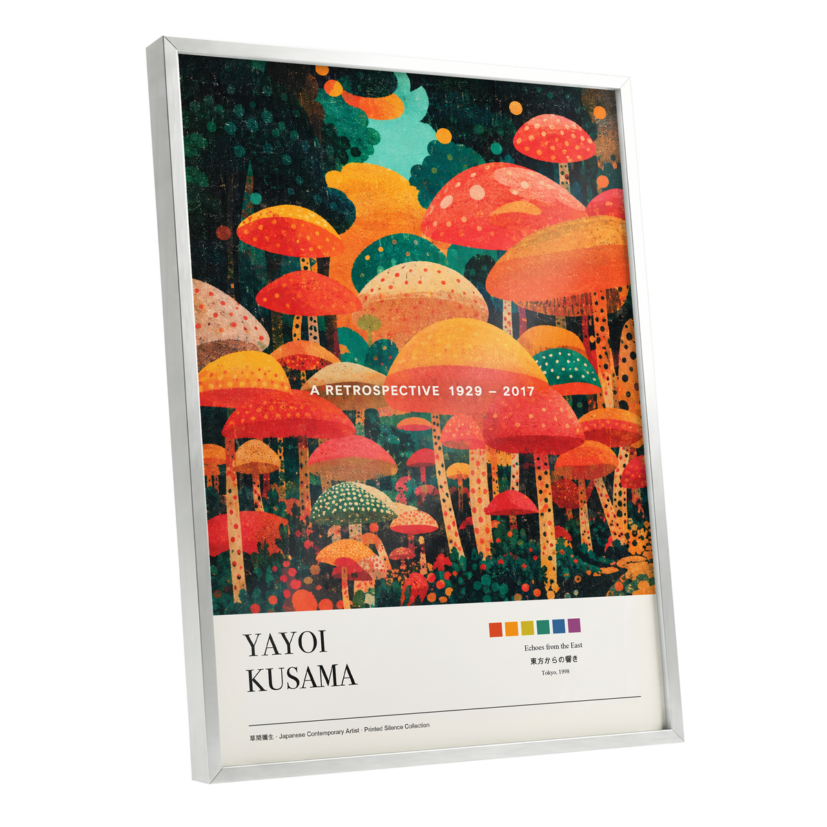 Retro Mushroom Grove, orange, red, green nature wall art shown as a silver framed poster wall art print