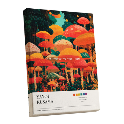 Retro Mushroom Grove, orange, red, green nature wall art shown as a stretched canvas wall art