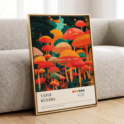 Retro Mushroom Grove, orange, red, green nature wall art displayed in a styled interior, gallery view 1