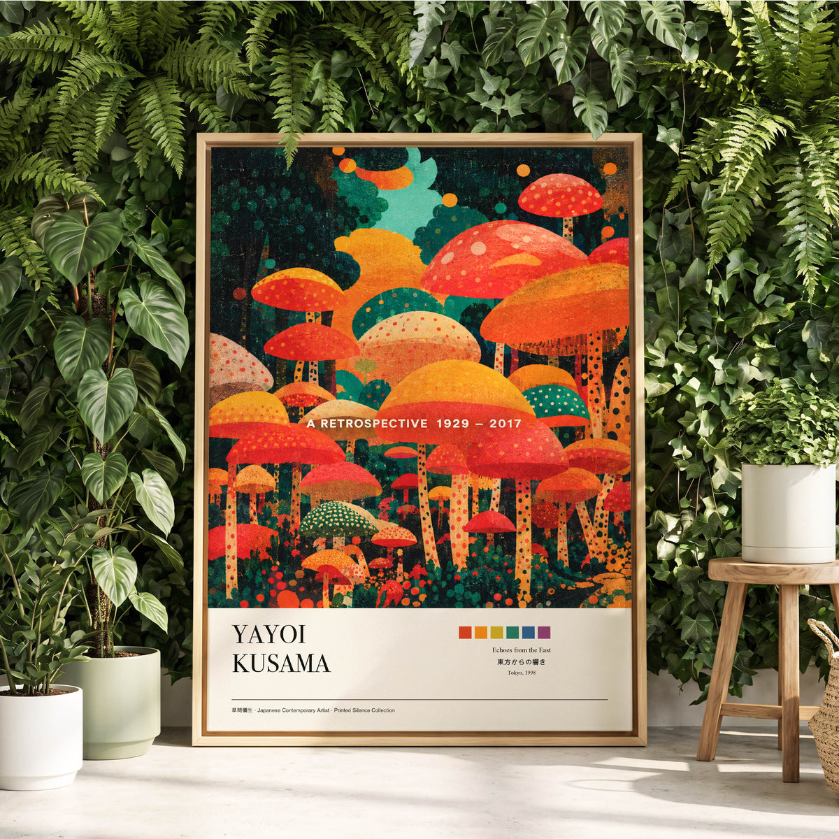 Retro Mushroom Grove, orange, red, green nature wall art displayed in a styled interior, gallery view 2