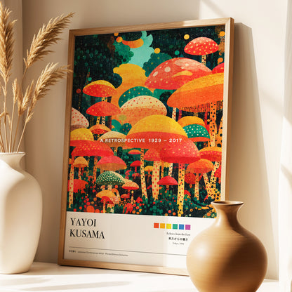 Retro Mushroom Grove, orange, red, green nature wall art displayed in a styled interior, gallery view 3