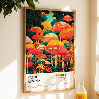 Retro Mushroom Grove, orange, red, green nature wall art displayed in a styled interior, gallery view 4