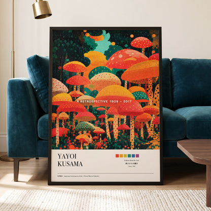 Retro Mushroom Grove, orange, red, green nature wall art displayed in a styled interior, gallery view 5
