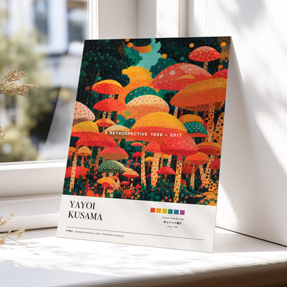 Retro Mushroom Grove, orange, red, green nature wall art displayed in a styled interior, gallery view 6