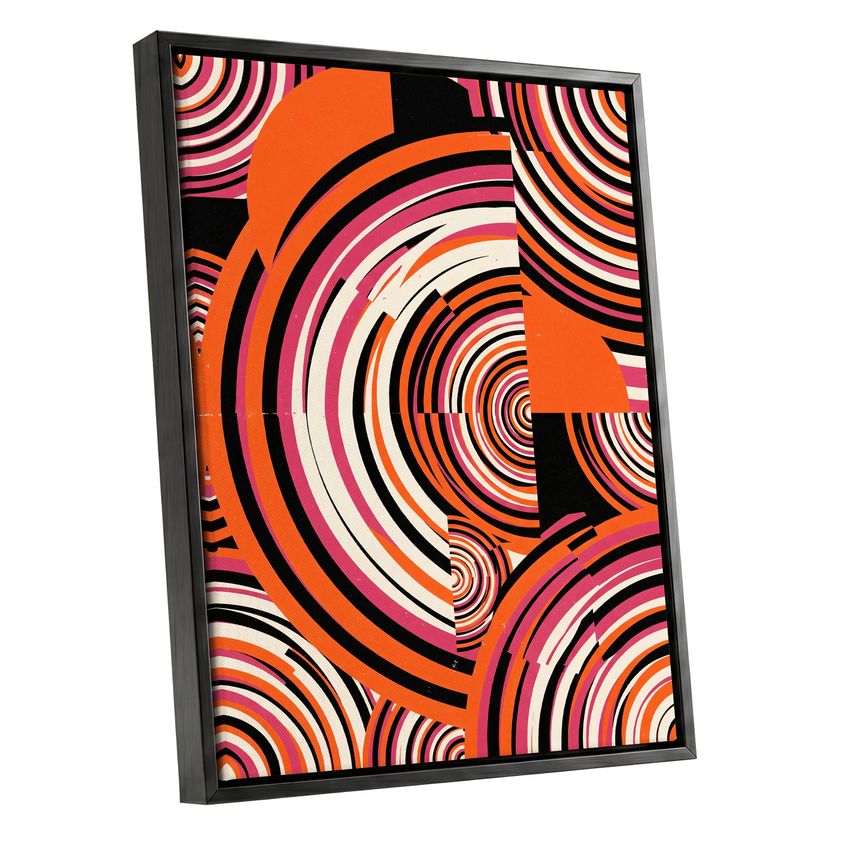 Retro Orbit Rhythm, orange, black, pink abstract wall art shown as a black framed canvas wall art