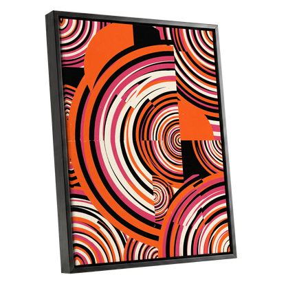 Retro Orbit Rhythm, orange, black, pink abstract wall art shown as a black framed canvas wall art