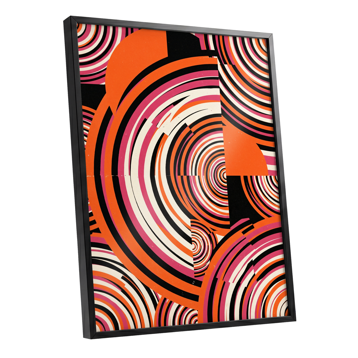 Retro Orbit Rhythm, orange, black, pink abstract wall art shown as a black framed poster wall art print