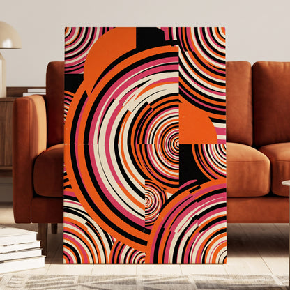 Retro Orbit Rhythm, orange, black, pink abstract wall art on canvas displayed in a styled interior, gallery view 1