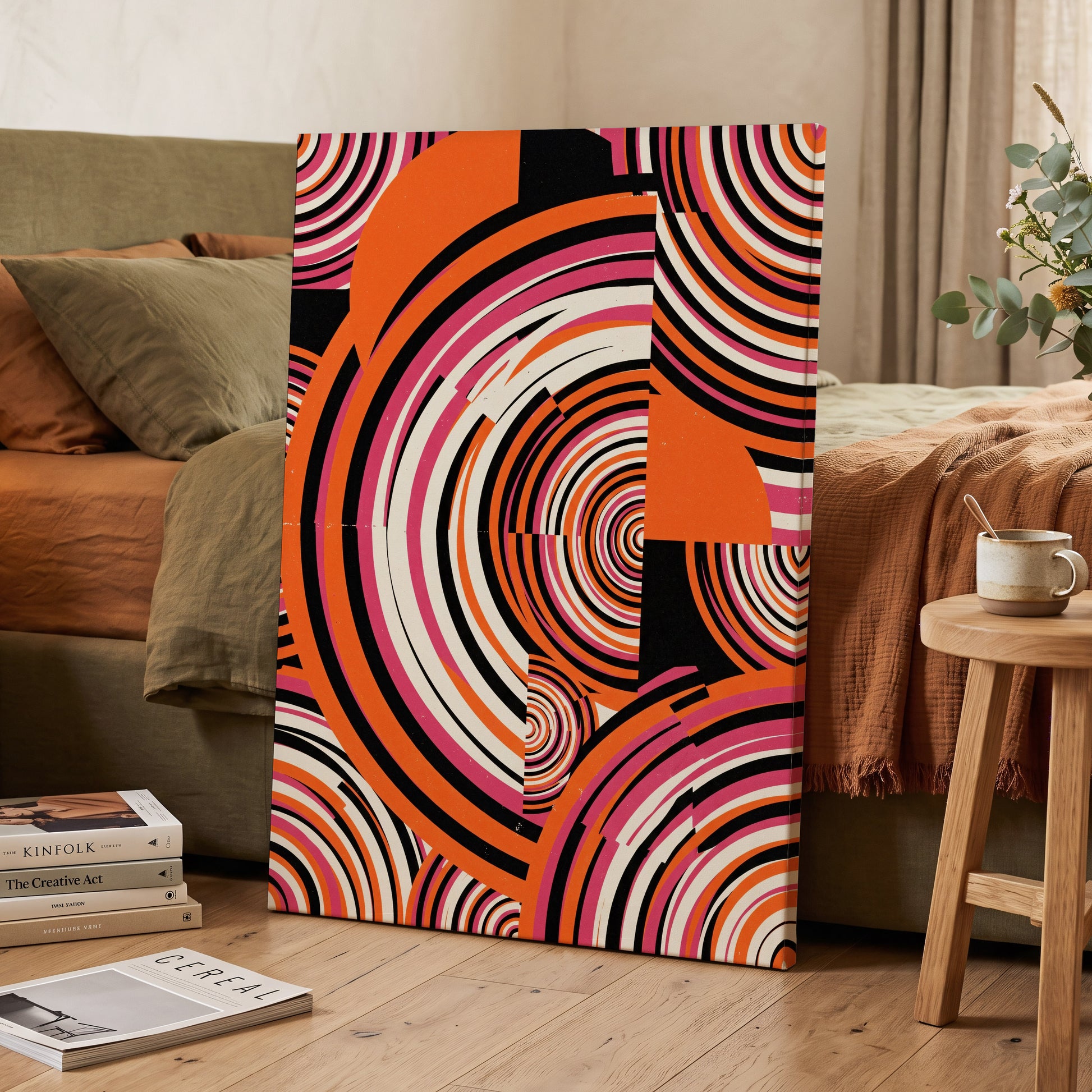 Retro Orbit Rhythm, orange, black, pink abstract wall art on canvas displayed in a styled interior, gallery view 2