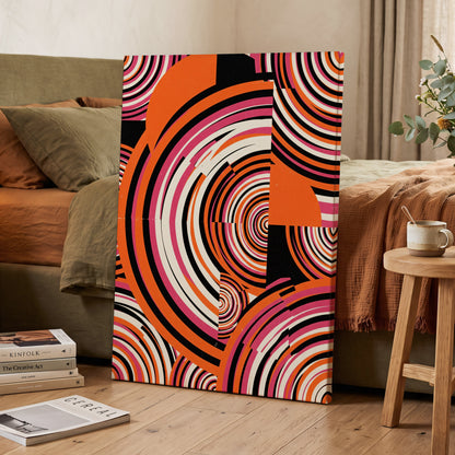 Retro Orbit Rhythm, orange, black, pink abstract wall art on canvas displayed in a styled interior, gallery view 2