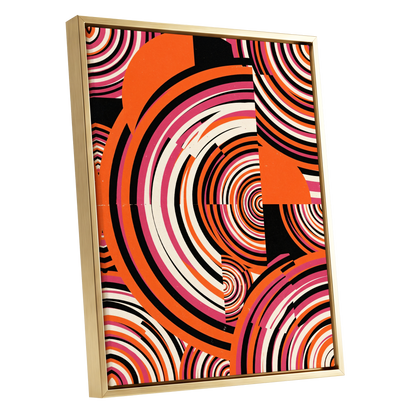 Retro Orbit Rhythm, orange, black, pink abstract wall art shown as a gold framed canvas wall art