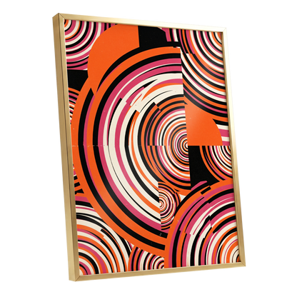 Retro Orbit Rhythm, orange, black, pink abstract wall art shown as a gold framed poster wall art print