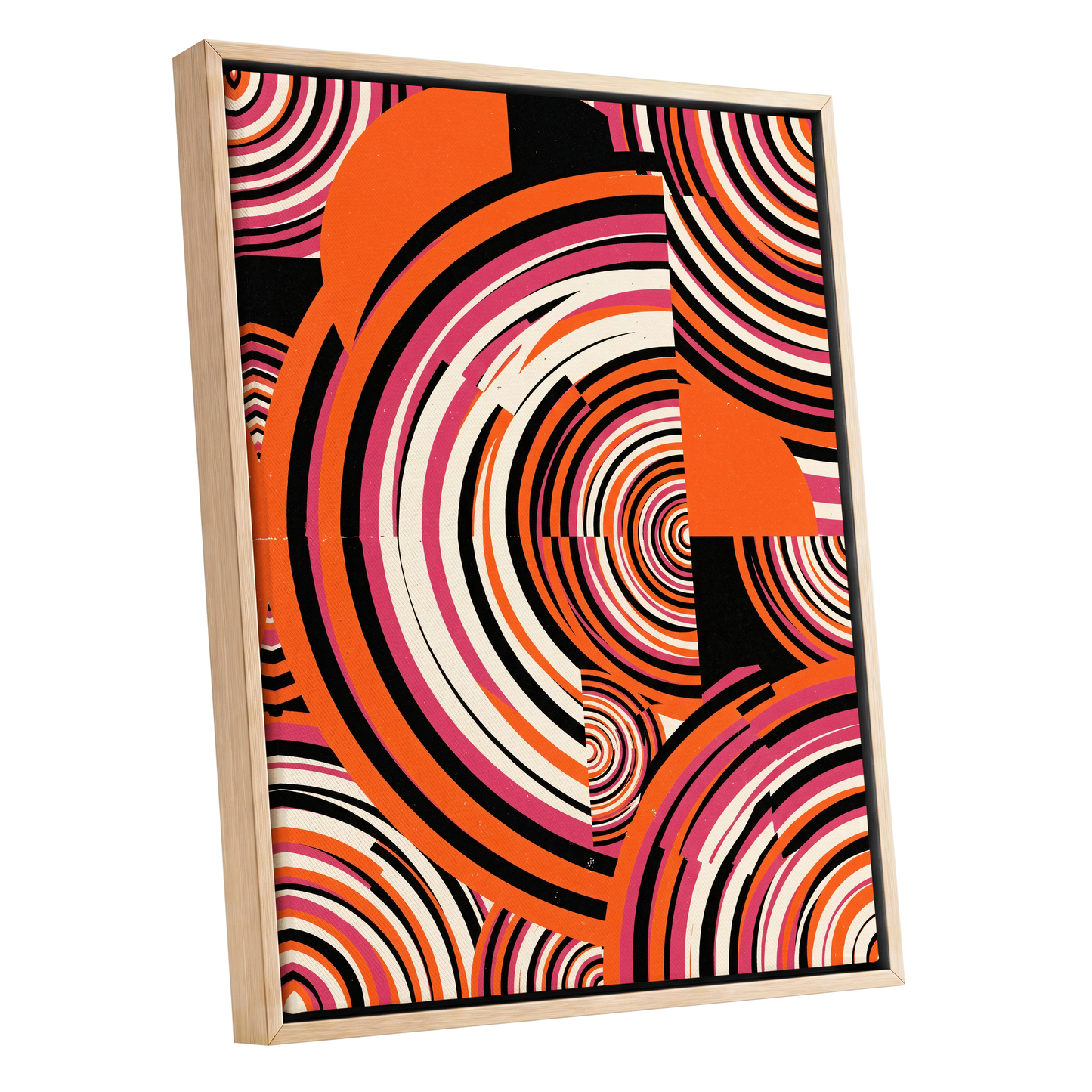Retro Orbit Rhythm, orange, black, pink abstract wall art shown as a oak framed canvas wall art