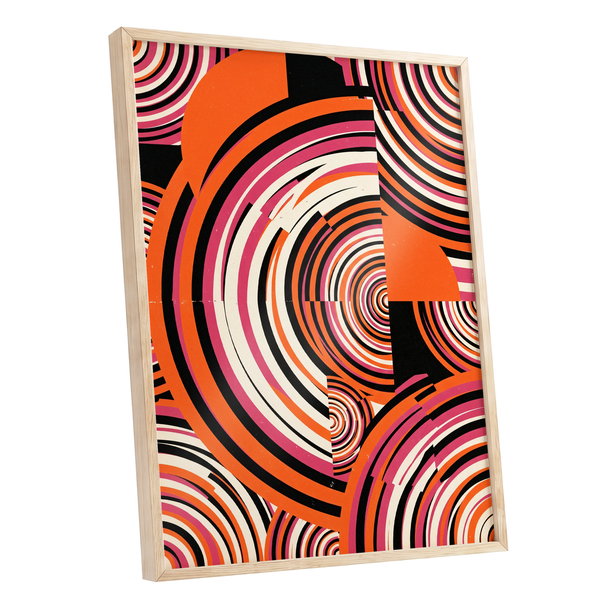 Retro Orbit Rhythm, orange, black, pink abstract wall art shown as a oak framed poster wall art print