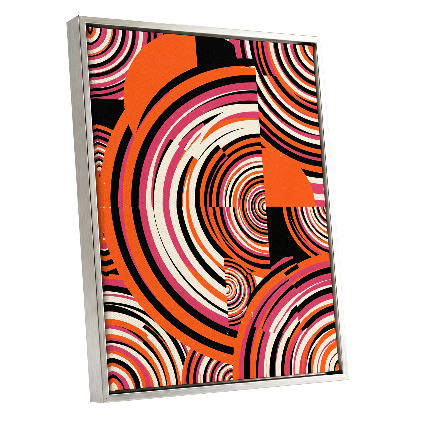 Retro Orbit Rhythm, orange, black, pink abstract wall art shown as a silver framed canvas wall art