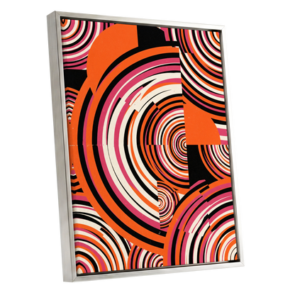 Retro Orbit Rhythm, orange, black, pink abstract wall art shown as a silver framed canvas wall art