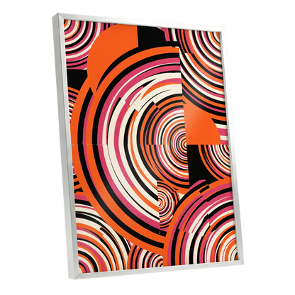 Retro Orbit Rhythm, orange, black, pink abstract wall art shown as a silver framed poster wall art print