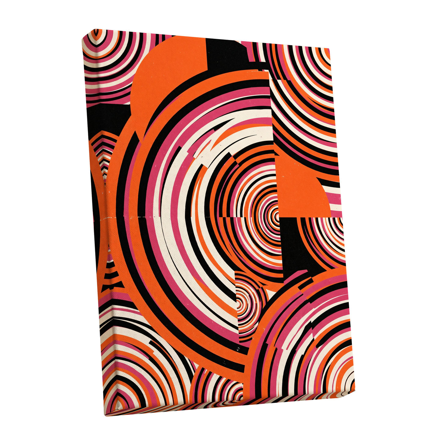 Retro Orbit Rhythm, orange, black, pink abstract wall art shown as a stretched canvas wall art