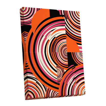 Retro Orbit Rhythm, orange, black, pink abstract wall art shown as a stretched canvas wall art